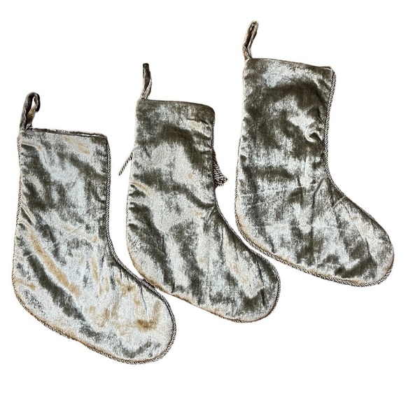 Lot of 3 Sage Green Lux Velvet Satin Trim Fringe Christmas Holiday Stockings 18” - Picture 2 of 6